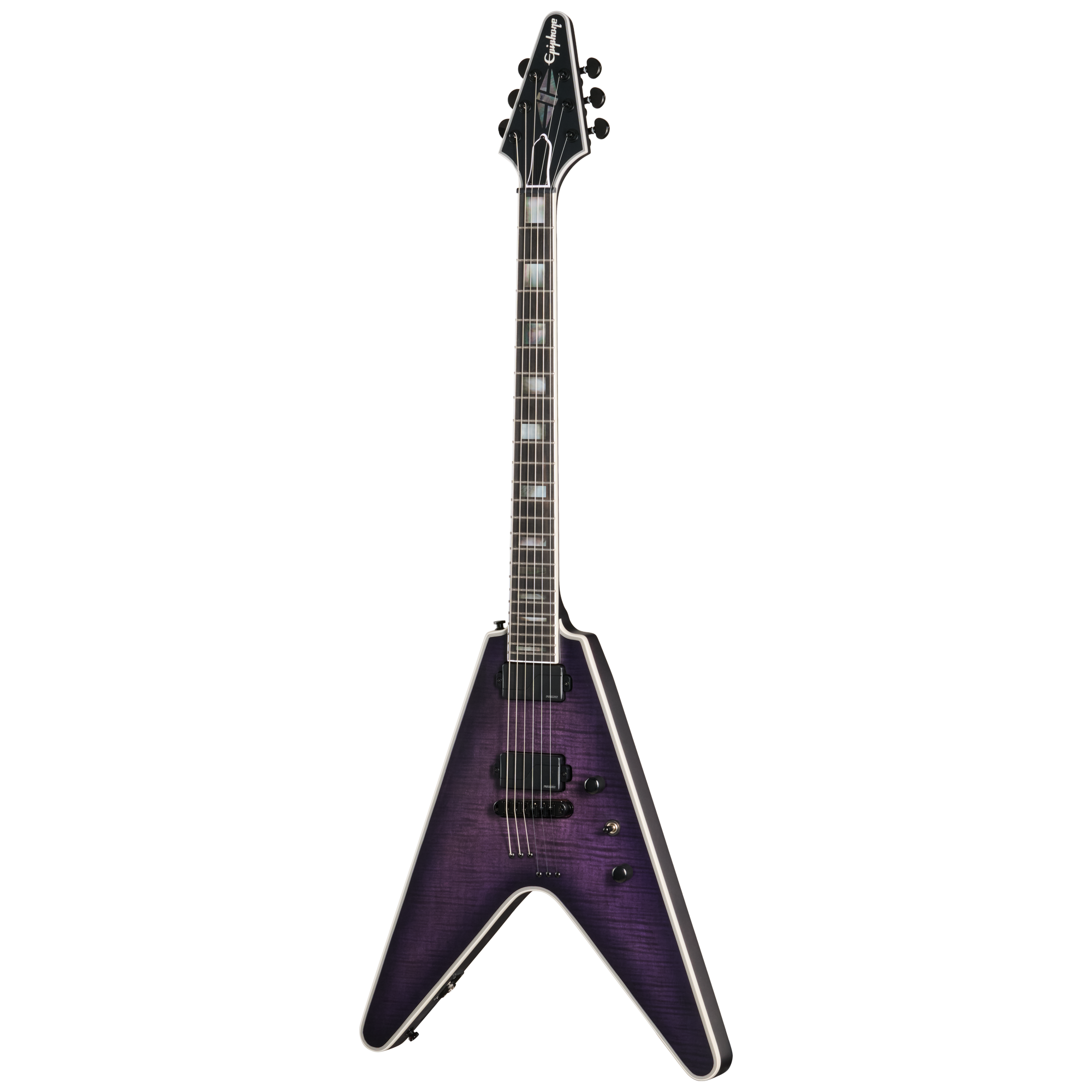 E-Gitarre, V-förmiger Korpus, violett, Flamed-Top, Humbucker